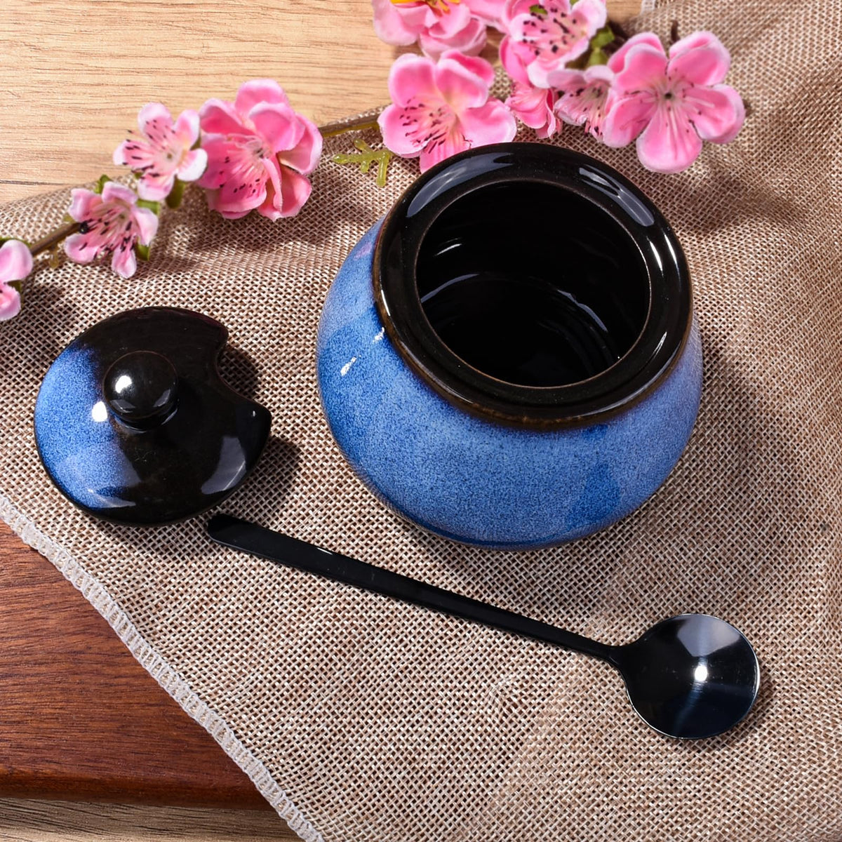 BOSILI Ceramic Sugar Bowl Set of 2, Reactive Glaze Sugar Containers with Lids and Stainless Steel Spoons, Kitchen Canisters for Sugar, Spices, Coffee and Tea