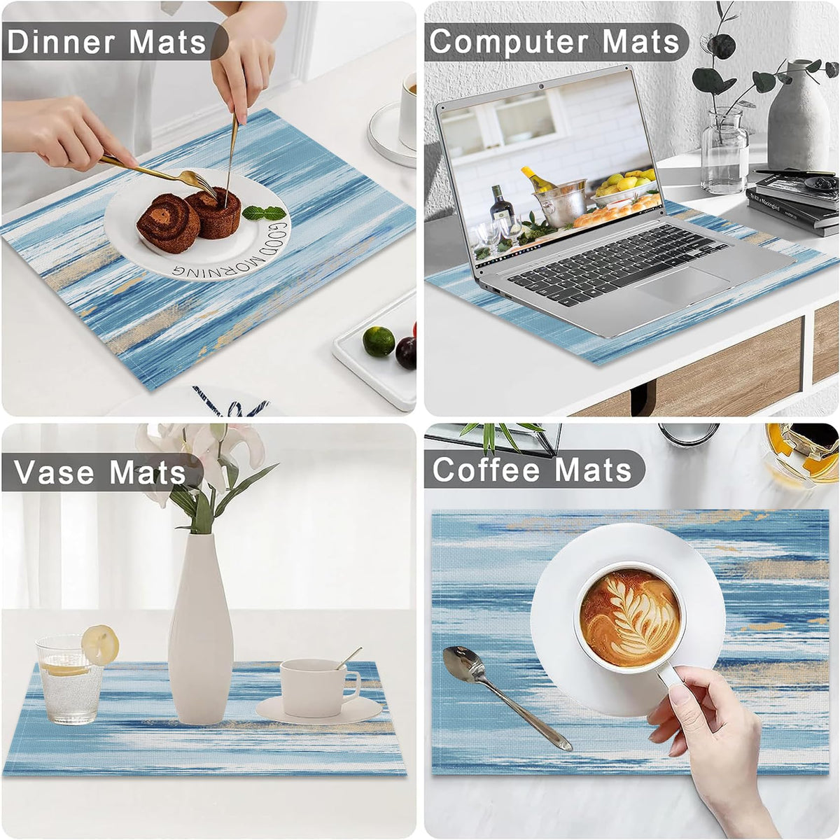AOFOTO Abstract Placemats Set of 4 for Dining Table Blue Boho Ombre Grunge Rustic Wooden Place Mats Washable Rectangular Art Painted Table Mats for Home Kitchen Restaurant Decor 12x18 Inch