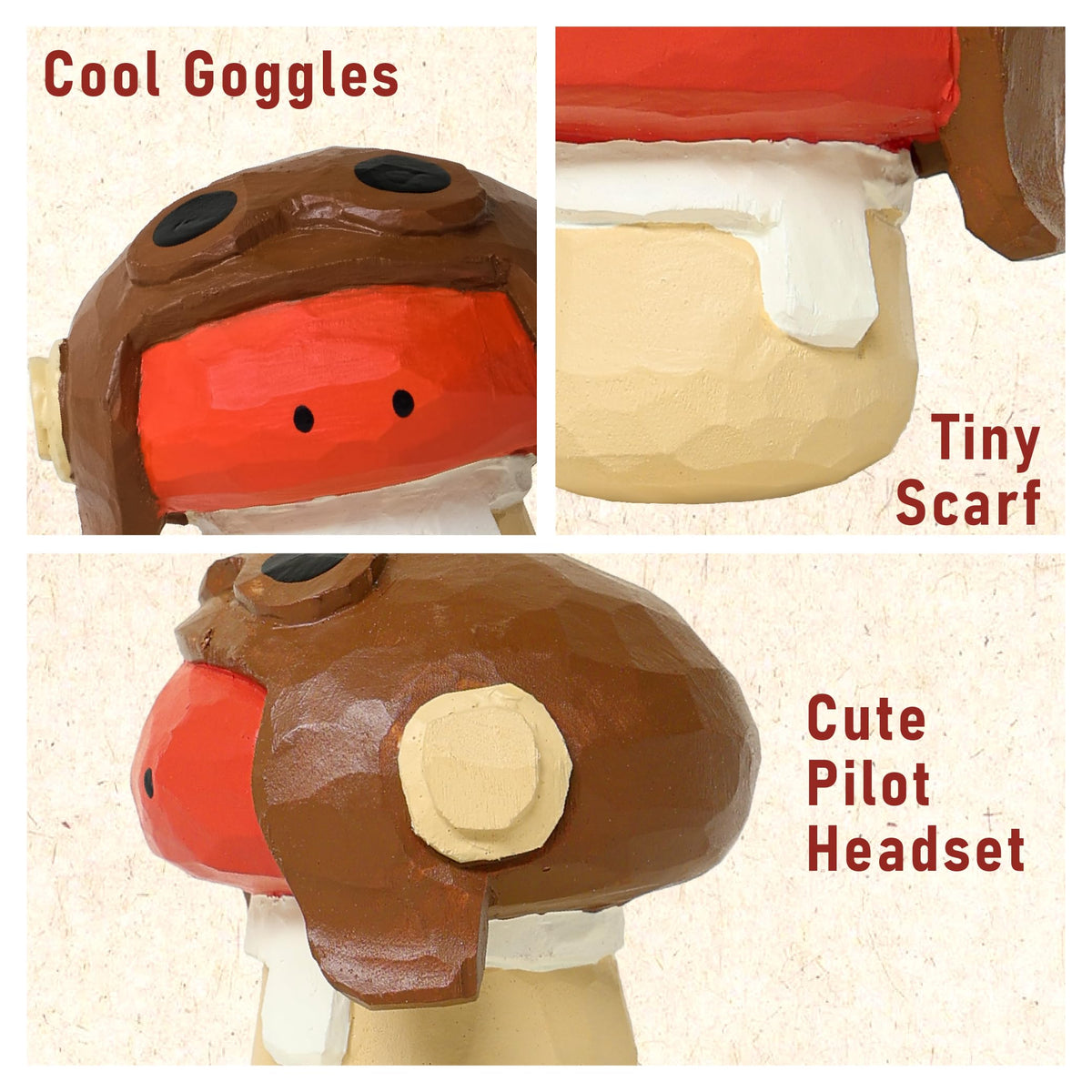 Jottings Handmade Wooden Pilot, Cute Funny Mushroom Figurine Desk Decor