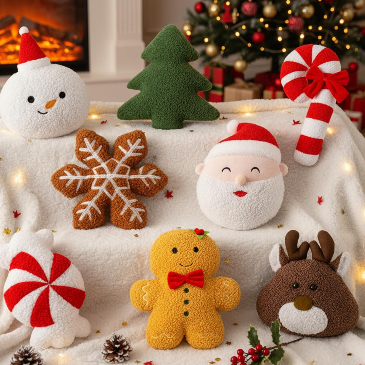 Thyle 8 Pack Christmas Throw Pillows 8''-14'' Decorative Gingerbread Candy Cane Peppermint Xmas Tree Snowflake Elk Santa Claus Stuffed Pillow Sofa Cushion for Christmas Party Couch Decoration