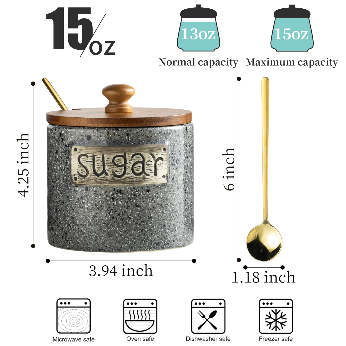 Sugar Container, Sugar Holder, Sugar Bowl with Lid and Spoon, Sugar Jar Porcelain Salt Bowl with Wood Lid and Stainless Steel Spoon, Ceramic Sugar Bowl 15oz Coffee Canister Kitchen Decor, Grey