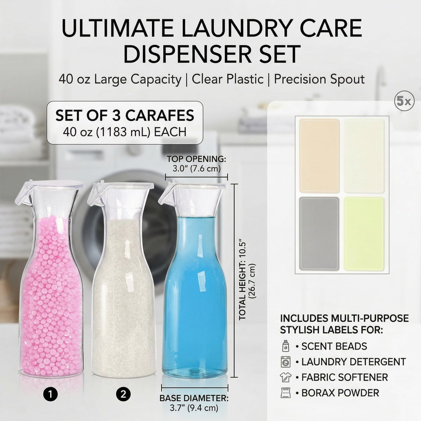 YIMITEE 3 Pack Laundry Detergent Dispenser with 5 Labels, 40 OZ Plastic Fabric Softener Bottle, Reusable Detergent Container, Laundry Room Organizer for Liquid Soap Powder Bleach Scent Booster Beads