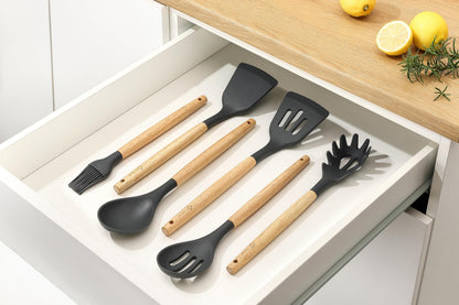 Kitchen Utensils Set 6 PCS, Non-Toxic Cooking Utensils with Heat-Resistant Silicone Spatula, Large Serving & Slotted Spoon, Flexible Spatulas, Brush and Spaghetti Rake - Ideal Starter Set