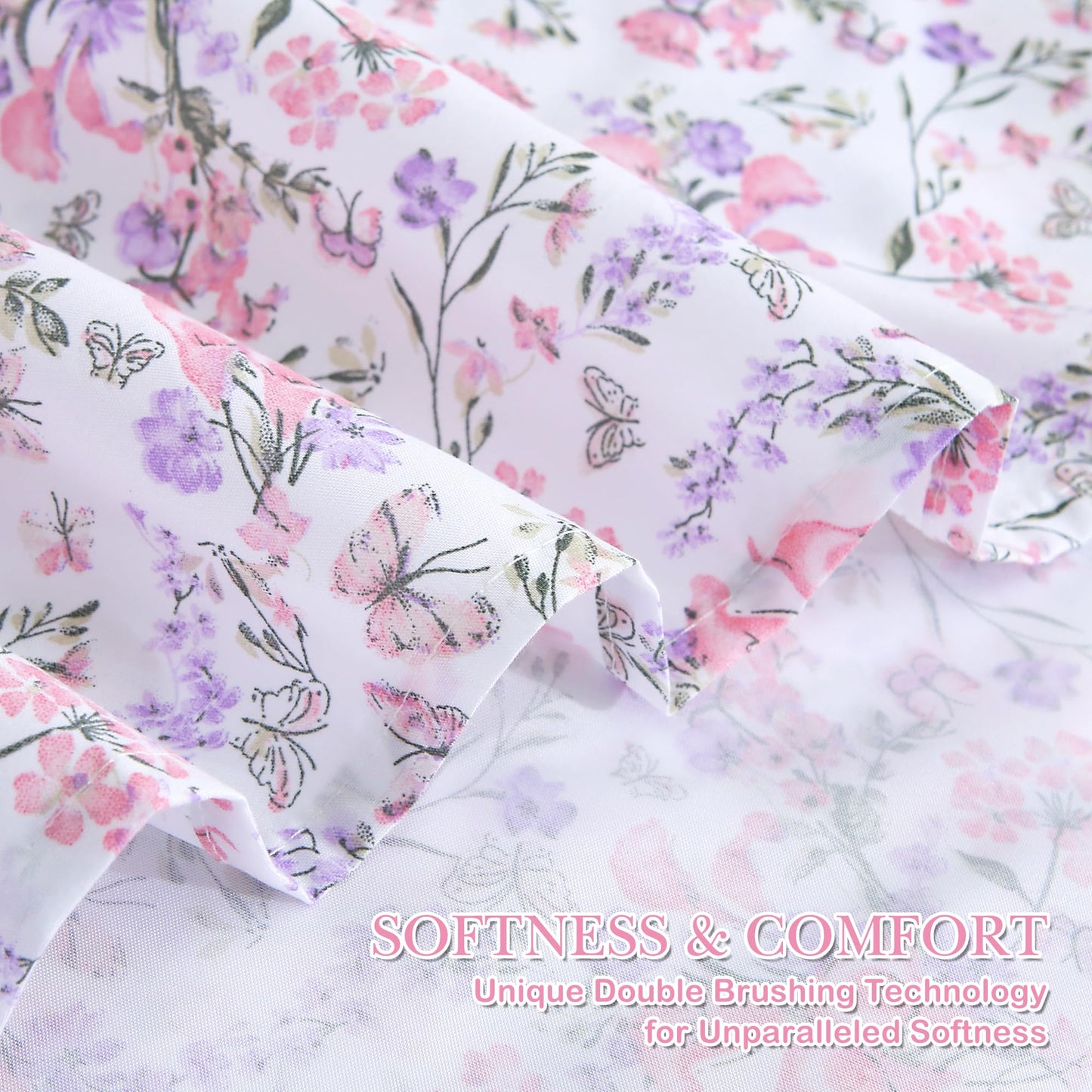 Mooreeke Cozy Vintage Microfiber Printed Full Sheet Set - Soft Breathable Percale Cotton Floral Bed Sheets with Deep Pocket - Non-Slip Fitted Design - Pink Purple Flowers Pattern