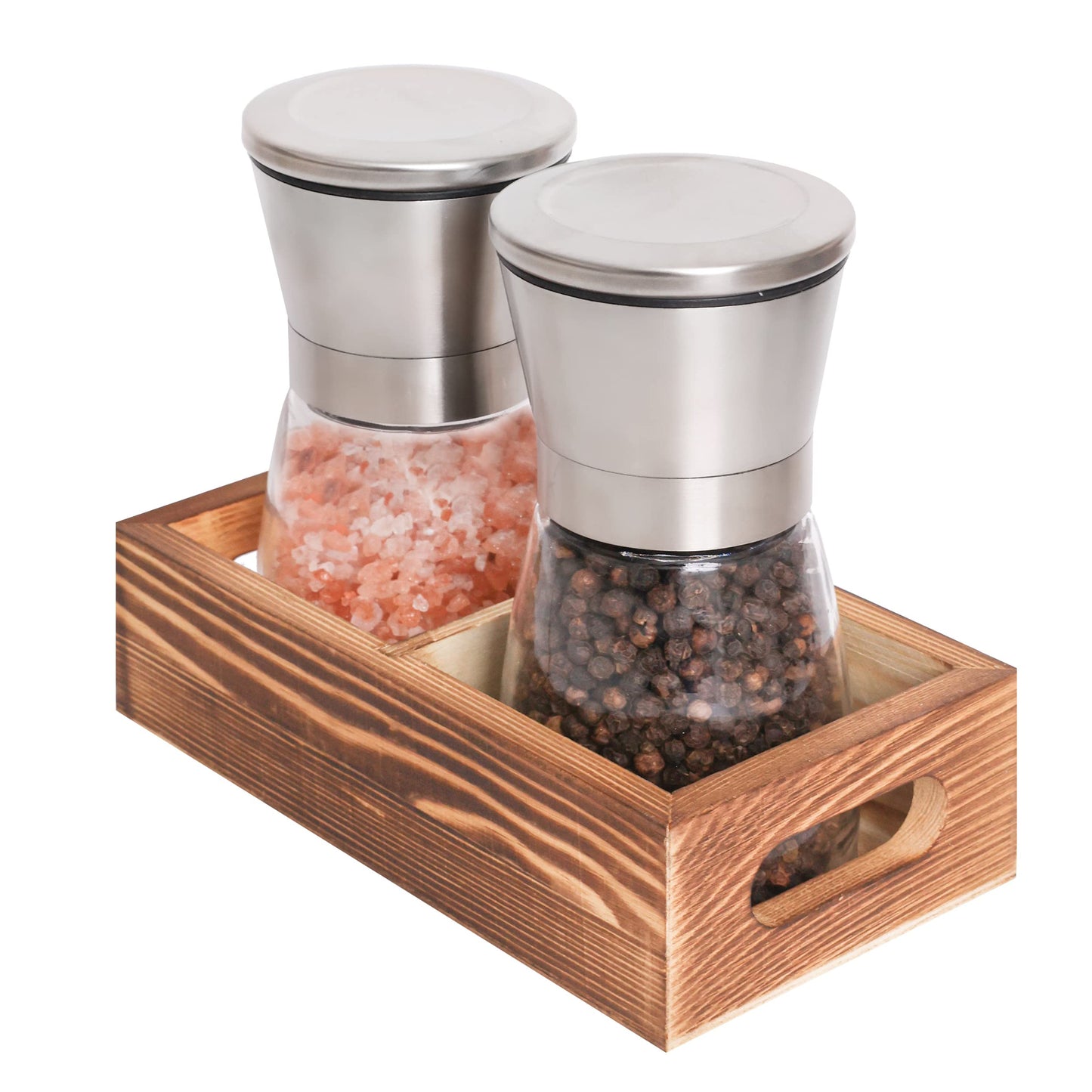 Salt and Pepper Grinder Set with Wood Tray, Manual Sea Salt, Spice and Peppercorn Mill, Glass Container, Stainless Steel Cap, Adjustable Coarseness and Refillable for Modern Farmhouse Kitchen Table