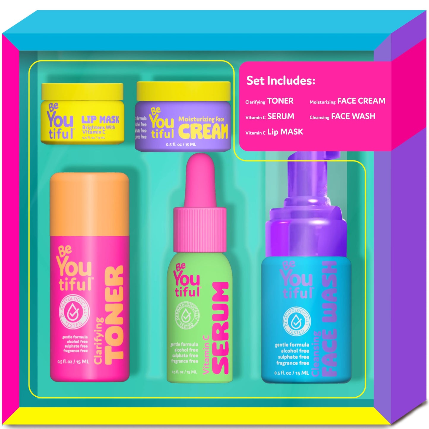 BeYoutiful Skin Care Gift Set for Teens, BFF Regimen 5-Piece kit for Sleepovers & Kids Skincare, Toner, Face Wash, Serum, Moisturizer Lotion & Lip Mask, Vegan, Cruelty-Free