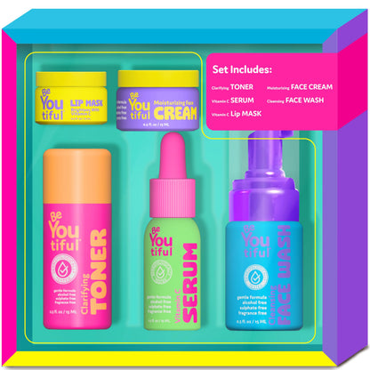 BeYoutiful Skin Care Gift Set for Teens, BFF Regimen 5-Piece kit for Sleepovers & Kids Skincare, Toner, Face Wash, Serum, Moisturizer Lotion & Lip Mask, Vegan, Cruelty-Free