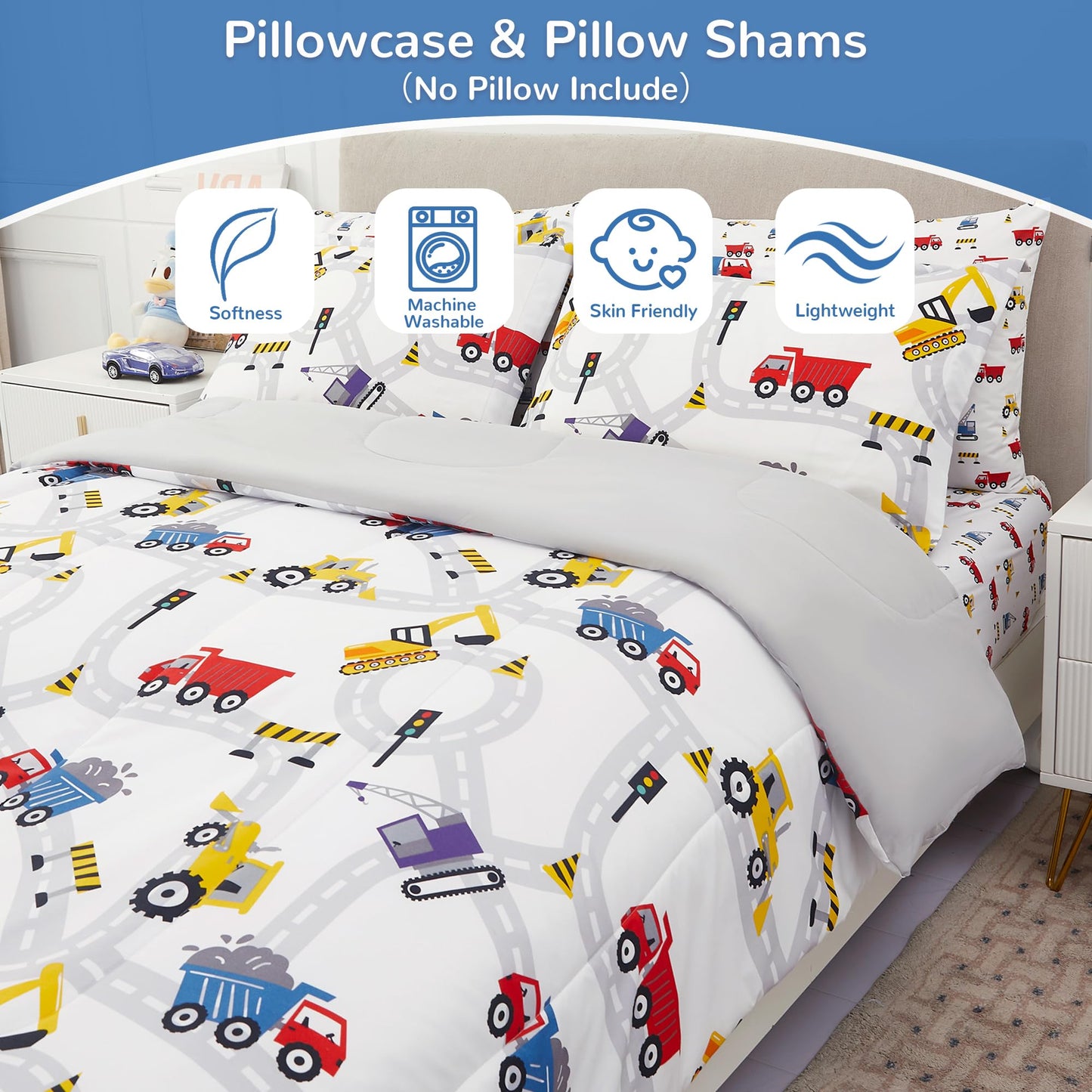 Viviland Kids Twin Bedding Sets for Boys, Girls Soft Twin Comforter Set with Sheets, 5 Pieces Microfiber Bed in a Bag, White Car Excavator