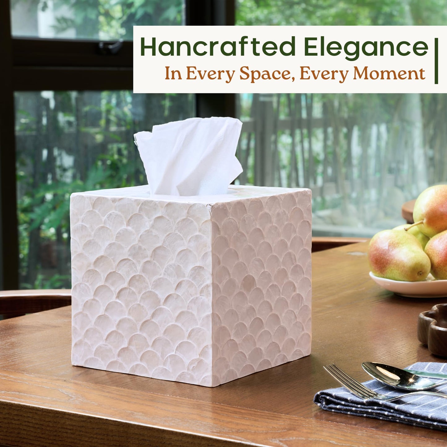 CHI AN HOME 5.5” Capiz Tissue Box Cover, Square Decorative Tissue Holder with Bottom Slider, Handmade Bathroom Accessories, Elegant White Cube for Vanity, Bedroom, Office & Coastal Décor (Natural)