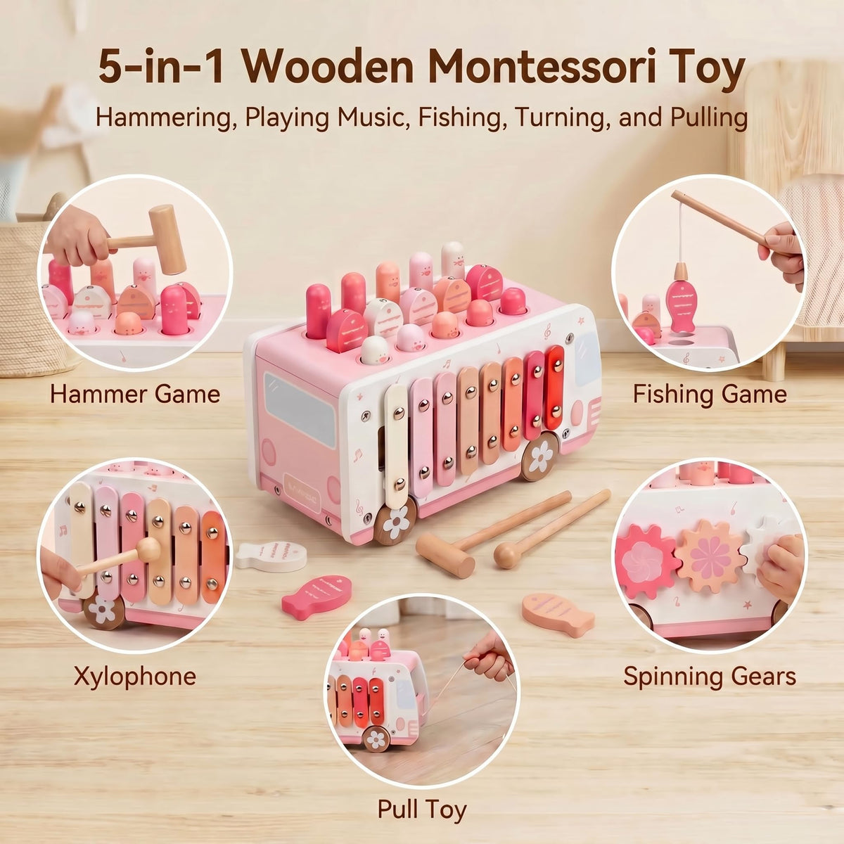 Thirrni 5-in-1 Wooden Montessori Toy for Toddlers 1-3, Pounding, Xylophone, Magnetic Fishing, Gear and Push Car Activity Toy for Learning and Fine Motor Skills