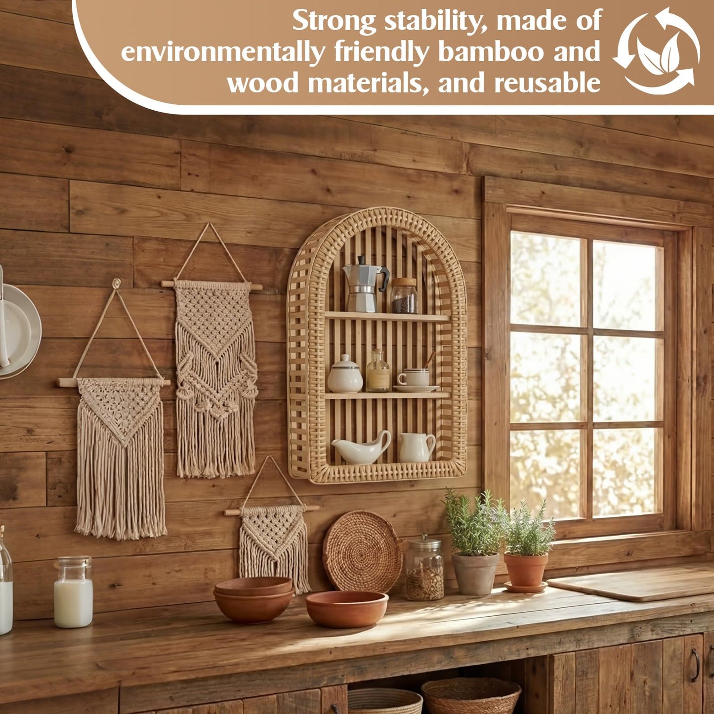 Pinkunn 20'' x 12'' 3 Tier Rattan Wall Shelf Boho Arch Hanging Shelves Arched Wall Mounted Wicker Shelf Decorative Farmhouse Handcraft Floating Storage Display Rack for Bathroom Living Room Decor