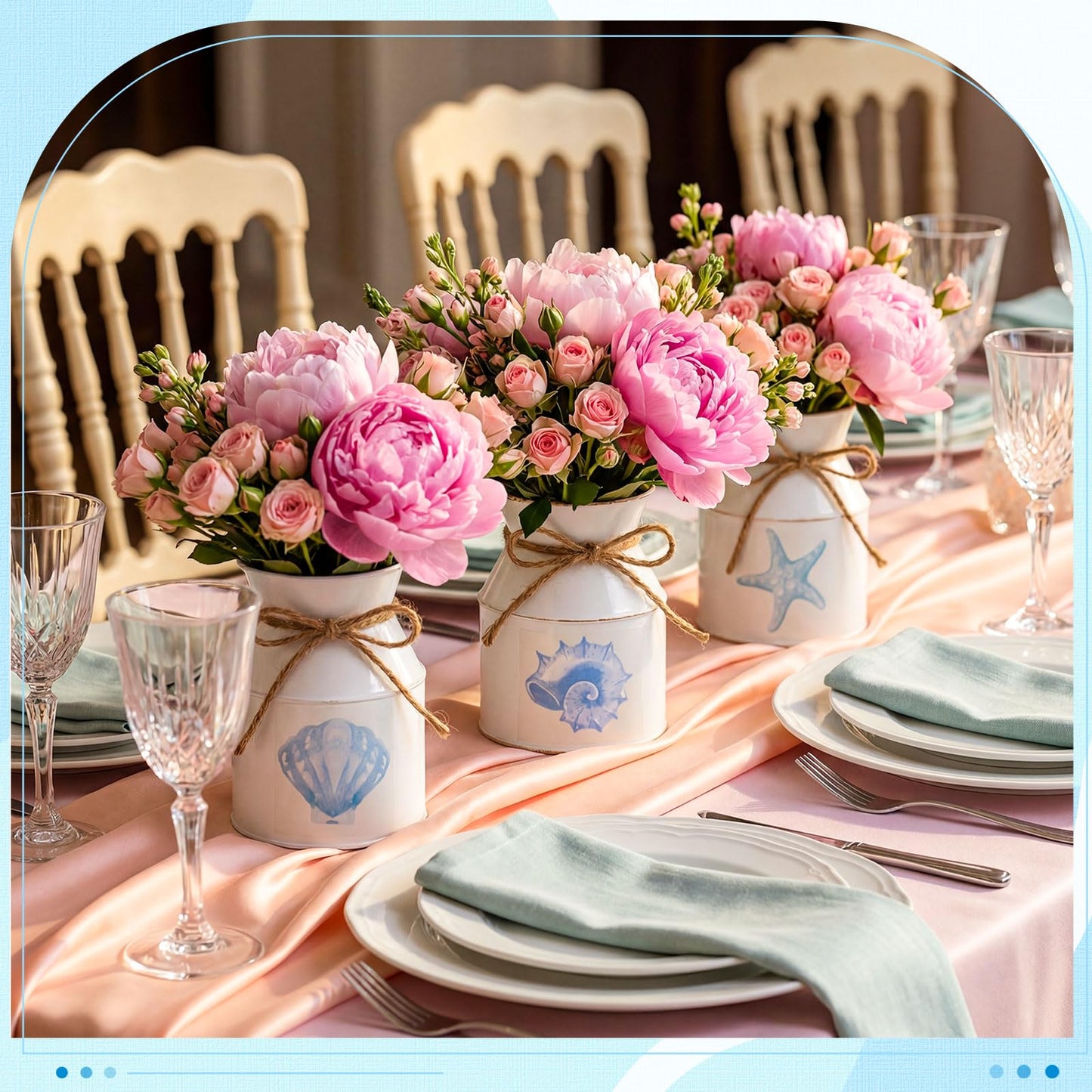 Domensi 3 Pcs 5.12" Beach Coastal Vase Table Decor Metal Seashell Starfish Conch Flower Bucket Farmhouse Ocean Centerpieces for Table Rustic Nautical Milk Can Jug with Twine Bow for Wedding Home Decor