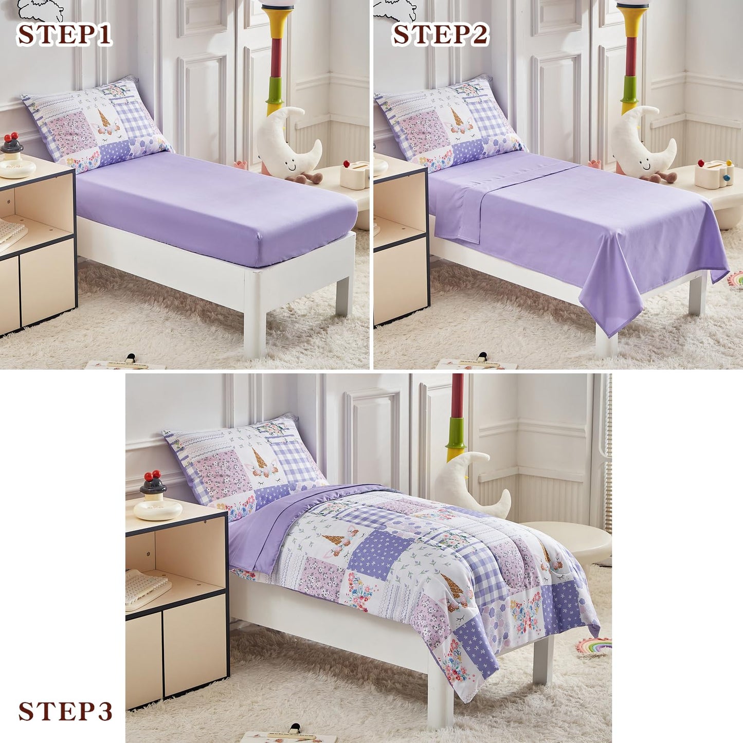 Joyreap 4 Piece Toddler Bedding Set- Purple Butterflies Flowers Patchwork Toddler Comforter Set, Includes Quilted Comforter, Fitted Sheet, Top Sheet, and Pillow Case