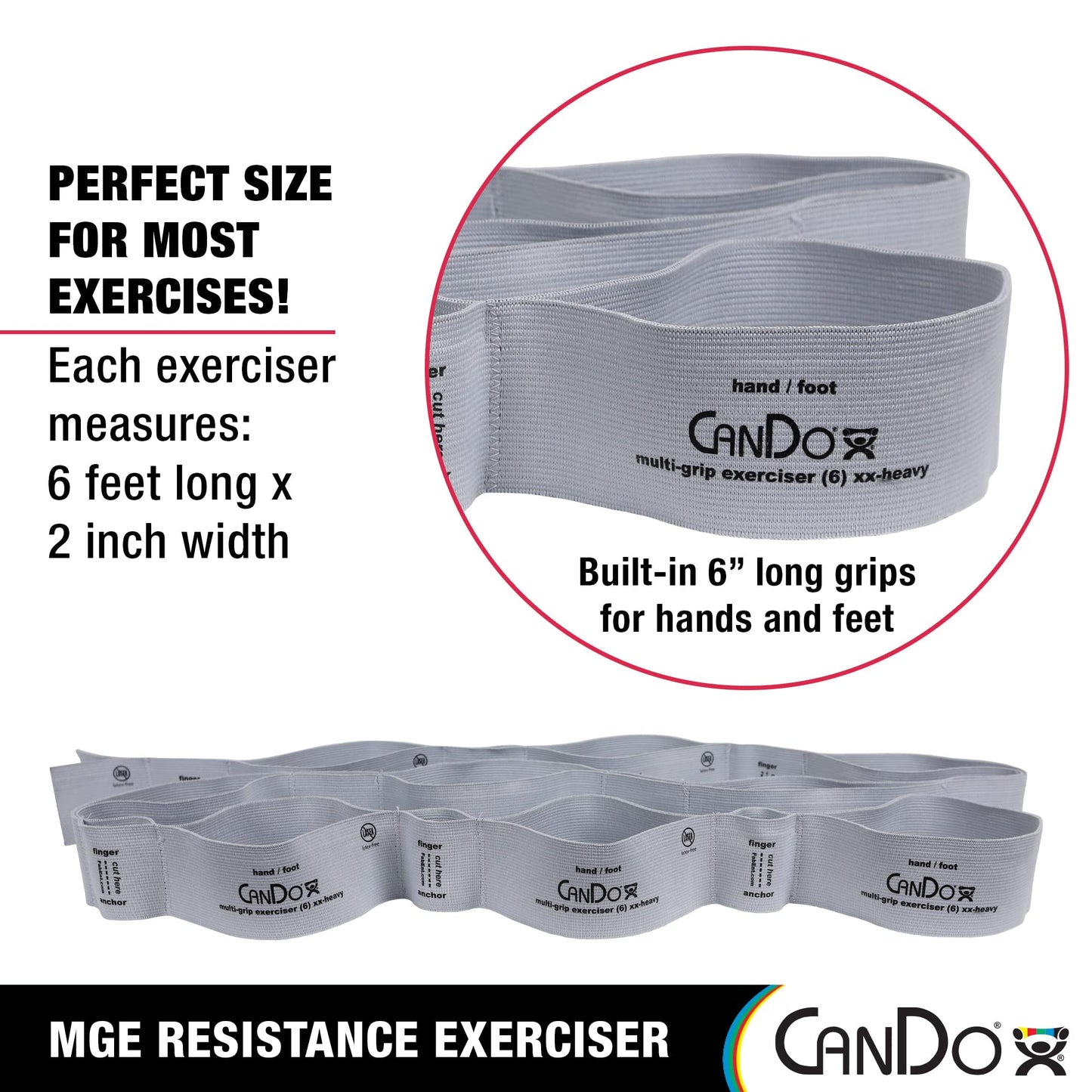 CanDo Multi-Grip 6 Foot Exercise Resistance Band with Hand/Foot Loops for Total Body Workouts, Training, Rehab, Stretching and Therapy