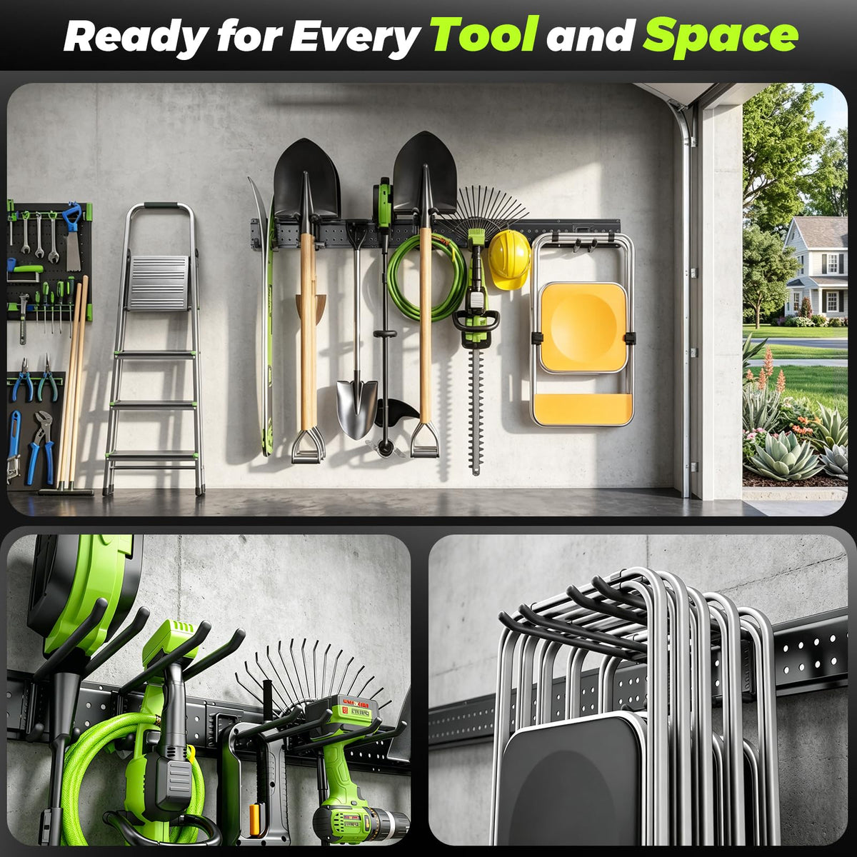 HOLDRAIS Garage Tool Organizer Wall Mount, 49.5 Inch Heavy Duty Garage Organization System with 10 Adjustable Hooks, Garden Tool Storage Rack for Garage, Yard & Shed, Holds Up to 400 lbs
