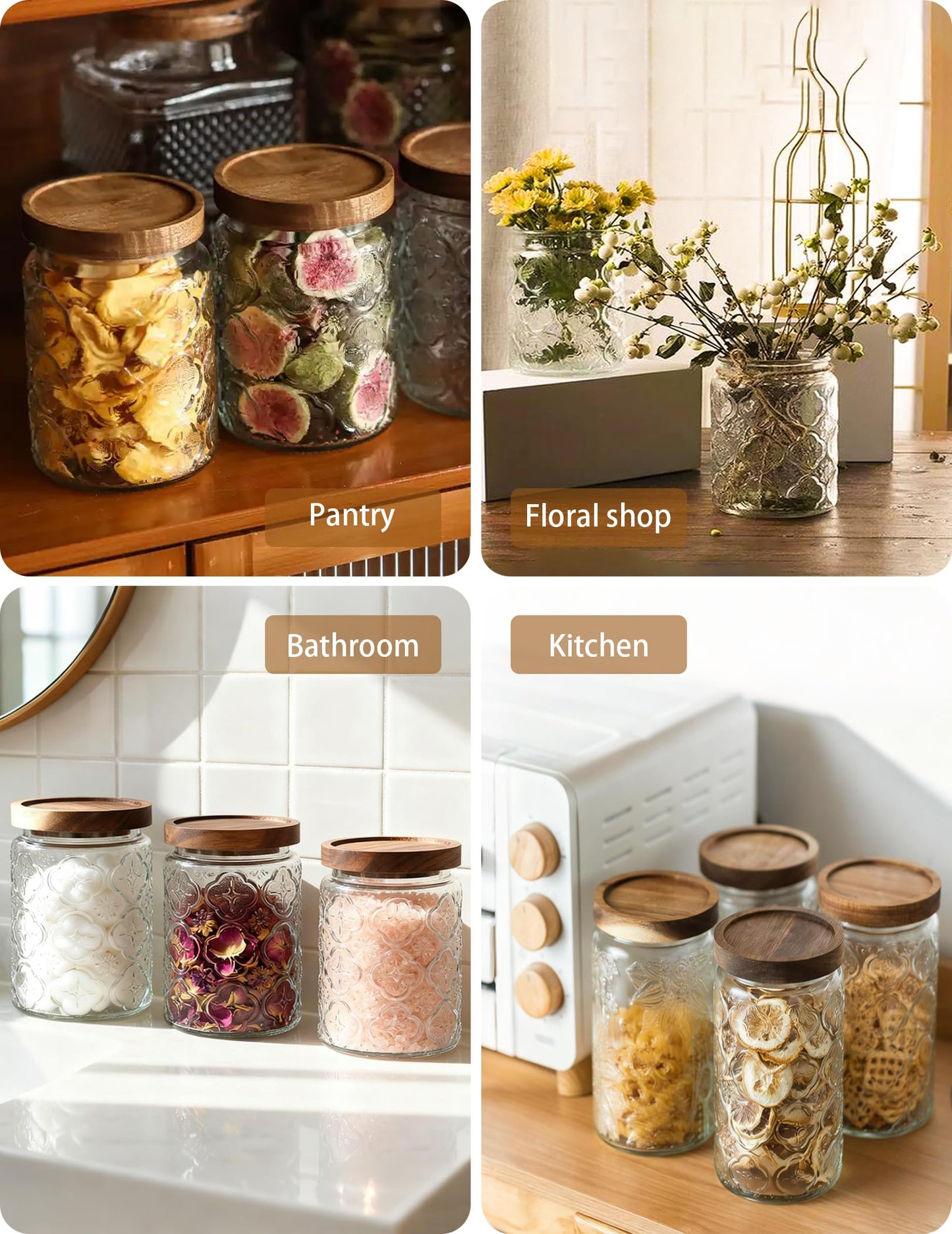 PENGSHU Vintage Glass Jar with Wood Lid - Christmas Airtight Canisters for Kitchen Countertop Bathroom, Storage Candy, Cookie, Coffee, Apothecary, Sugar, Flour,Pet Treat (Begonia, 34oz/1000ml)
