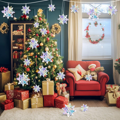 18pcs Hanging Snowflakes Decorations, 3D Iridescent Large Snowflakes Ornaments Hanging Snow Flakes from Ceiling for Christmas Winter Wonderland Indoor Home New Year Frozen Birthday Party Decorations