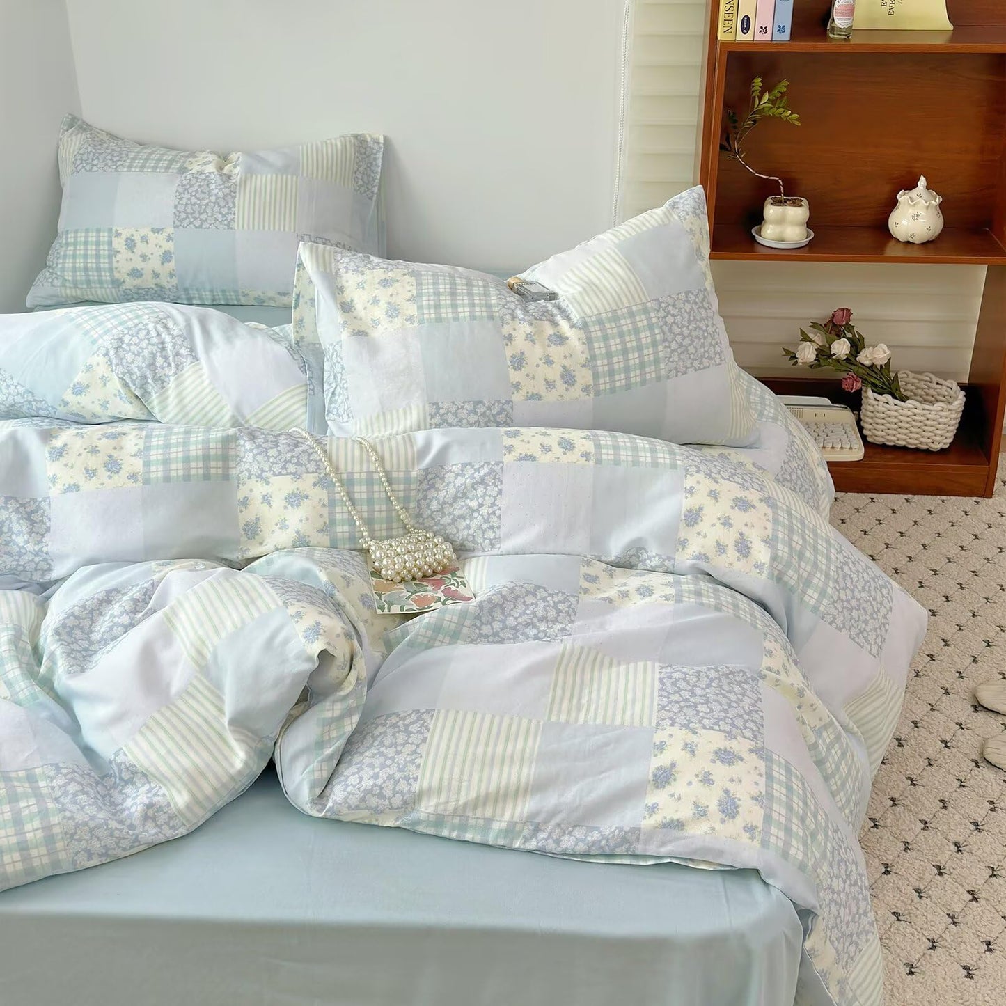 BuLuTu Luxury Muslin Cotton Duvet Cover Set Queen Size, Light Blue Striped Floral Duvet Covers Breathable Comfy Bedding Comforter Cover for Summer, Zipper Closure, Machine Wash