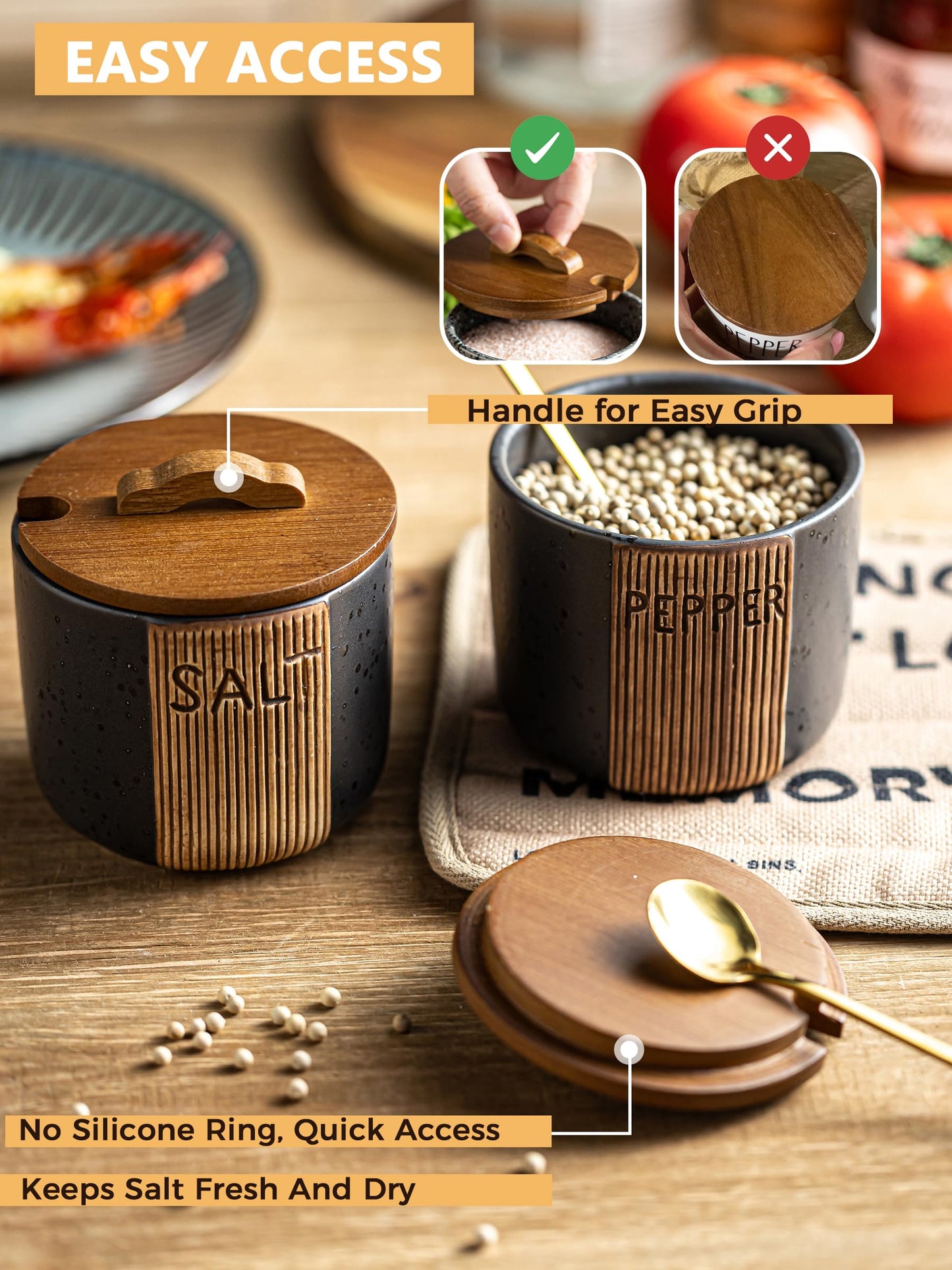 YHOJOY Salt Container for Countertop, Ceramic Salt Cellar with Lid & Spoon, Farmhouse Salt Bowl for Mother's Day, 10 OZ, Black