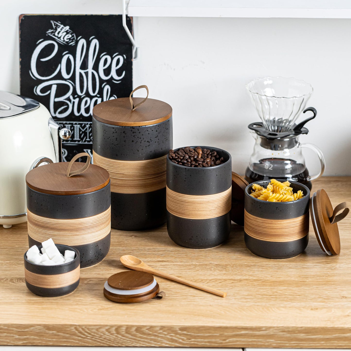 Miamolo Small Ceramic Jar with Lid, Coffee Container Kitchen Food Storage Jars for Spice Sugar Tea Bag Matcha Container Airtight, Stacairtightkable Decorative Jars for Countertop, Black & 5 fl.oz