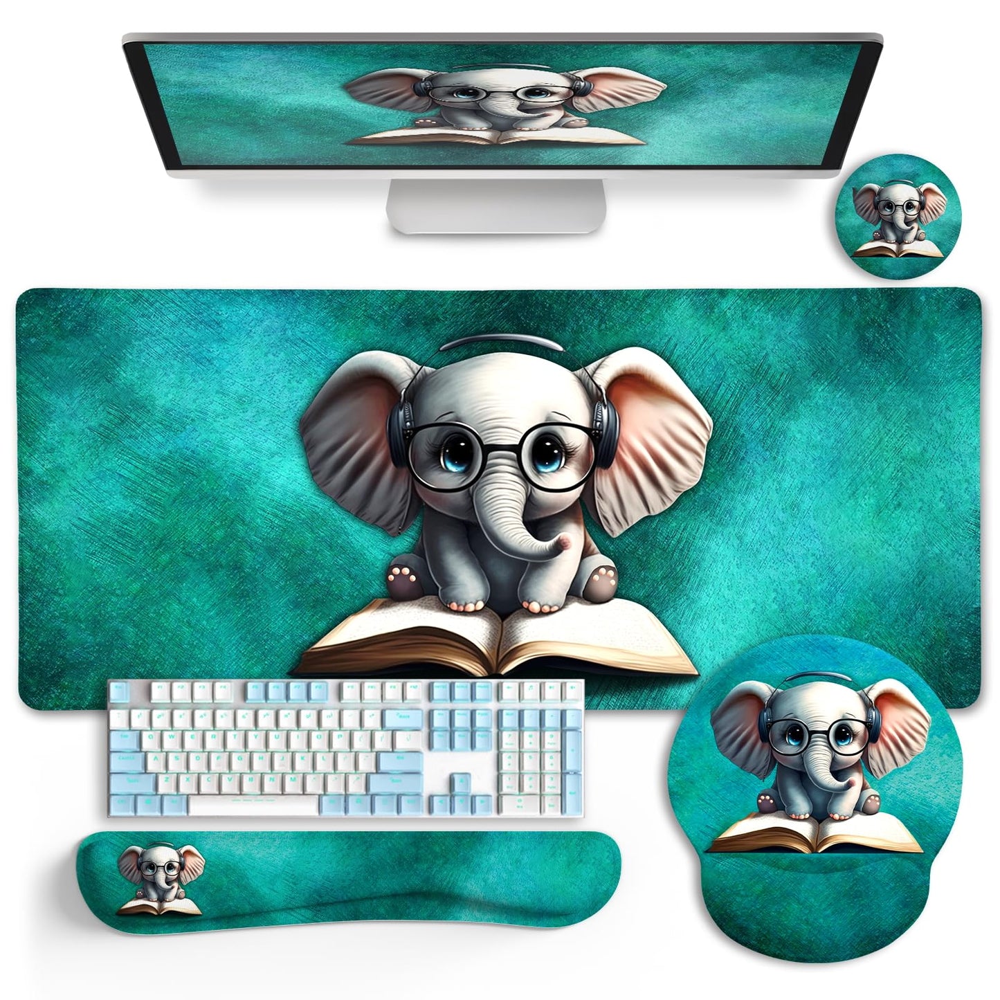 LIMKRIAN Desk Mat Pad, Large Gaming Mouse Pad with Wrist Rest Wrist Support, Ergonomic Mouse Pad Keyboard Mat Wrist Rest, Cup Coaster, Home Office Desk Accessories Decor Supplies, Cute Elephant