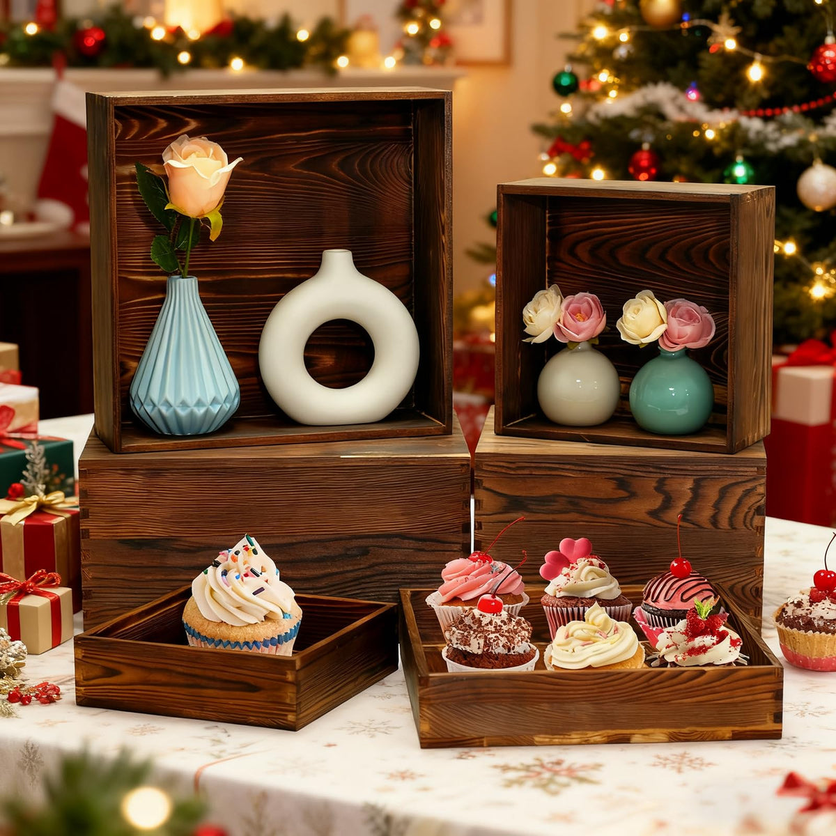 6 Pack Wooden Buffet Risers Rustic Wood Cupcake Stand Catering Supplies Buffet Display with Mini Signs Food Risers for Buffet Table Dessert Display Stand for Home Decor Party Wedding Birthday
