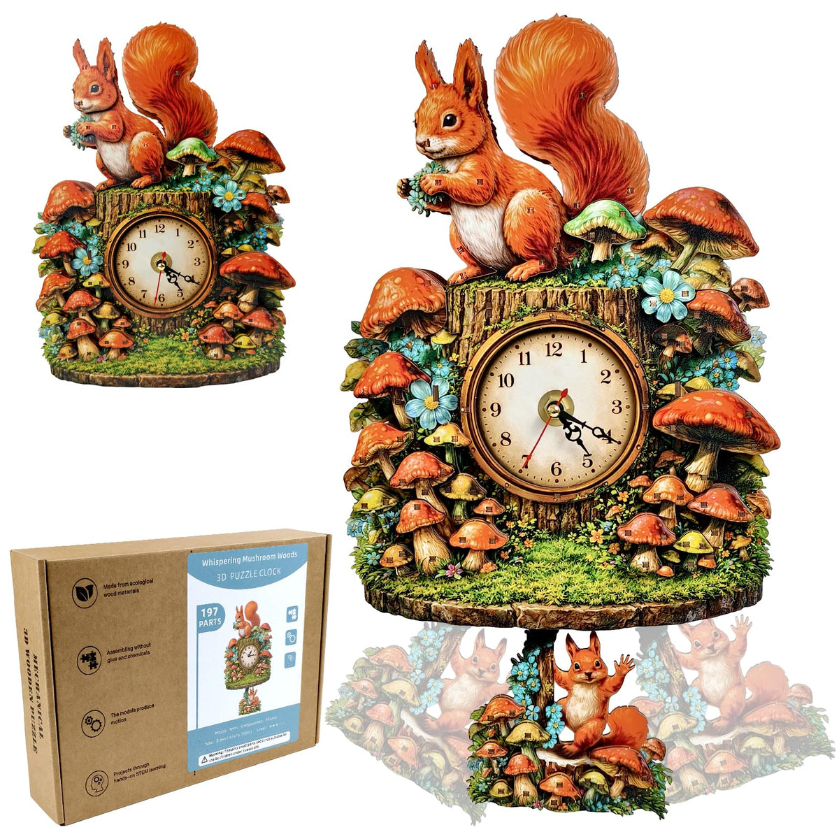 NIUNIUAMY 3D Wooden Puzzle Squirrel Clock Mechanical DIY Model Kit with Pendulum Forest Animal Gear Desk Clock Mushroom Decor Challenging Craft Gift for Adults Men Women