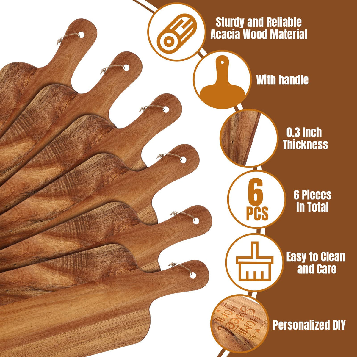 Patelai 6 Pcs Cutting Board Set with Handles Laser Engraving Wooden Charcuterie Kitchen Plain Serving Chopping Board Bulk for DIY Housewarming(Acacia Wood,15 x 7 Inch)