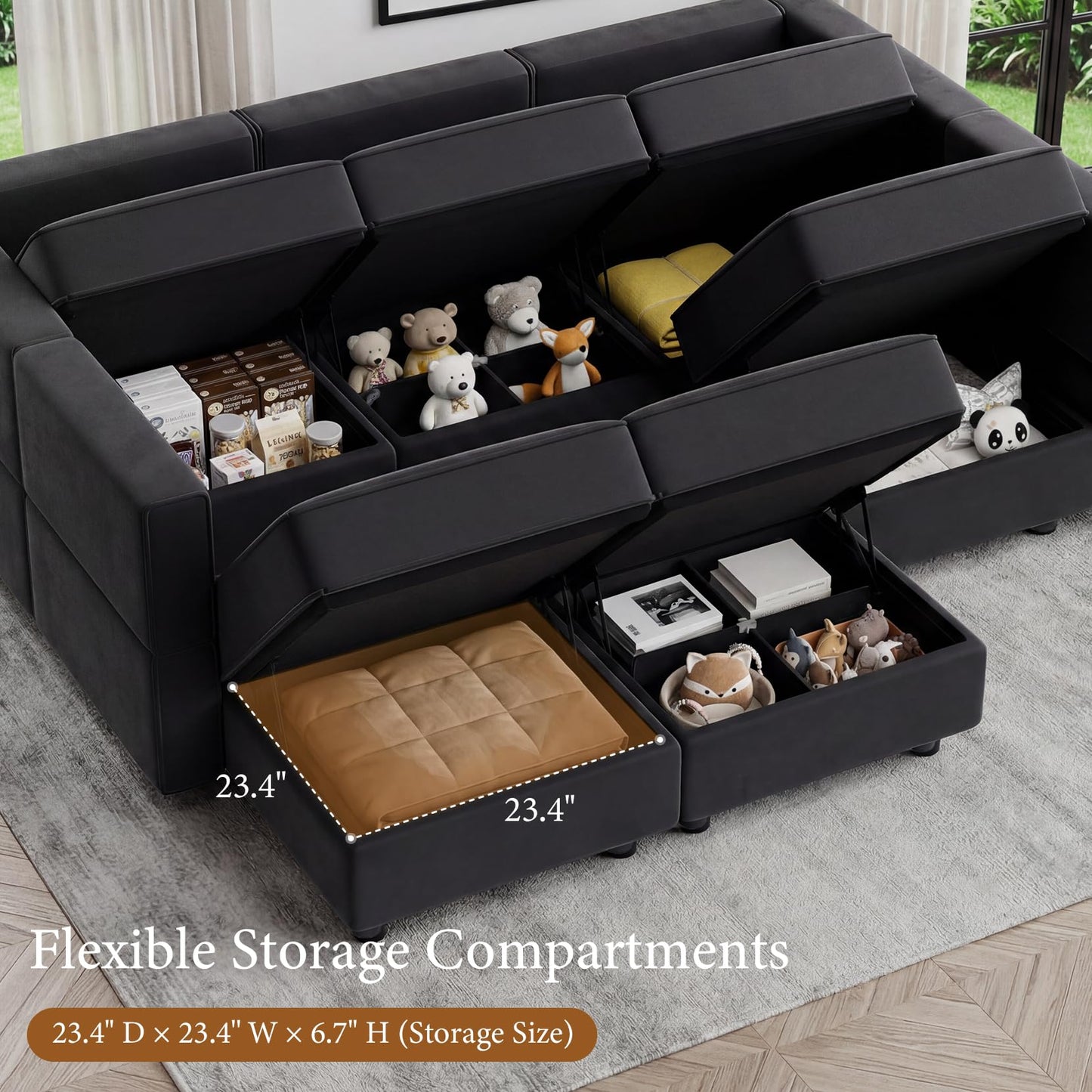Vesgantti Modular Sofa Bed with Storage, 92" Sleeper Sofas with 9 Seats Storage Chaises Removable Cover, Luxury Large Velvet Sectional Couch Set for Living Room, Apartment, Home Theater, Black