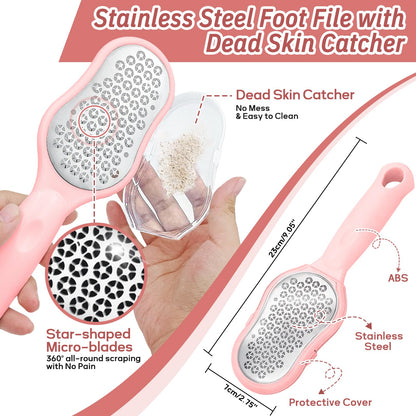 GEENOA Foot Brush/Foot File/Silicone Body Scrubber Set(3PCS), 3-in-1 Foot Scrubber with Long Handle, 10.2’’-27.5’’Adjustable Foot Scrub Brush with Foot File and Silicone Loofah, Gift-Box(Pink Set)