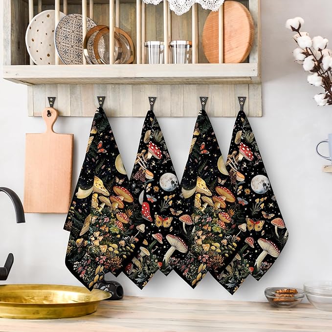 Mushroom Moth Kitchen Towels Decorative Set of 4, Witchy Dish Towels Absorbent