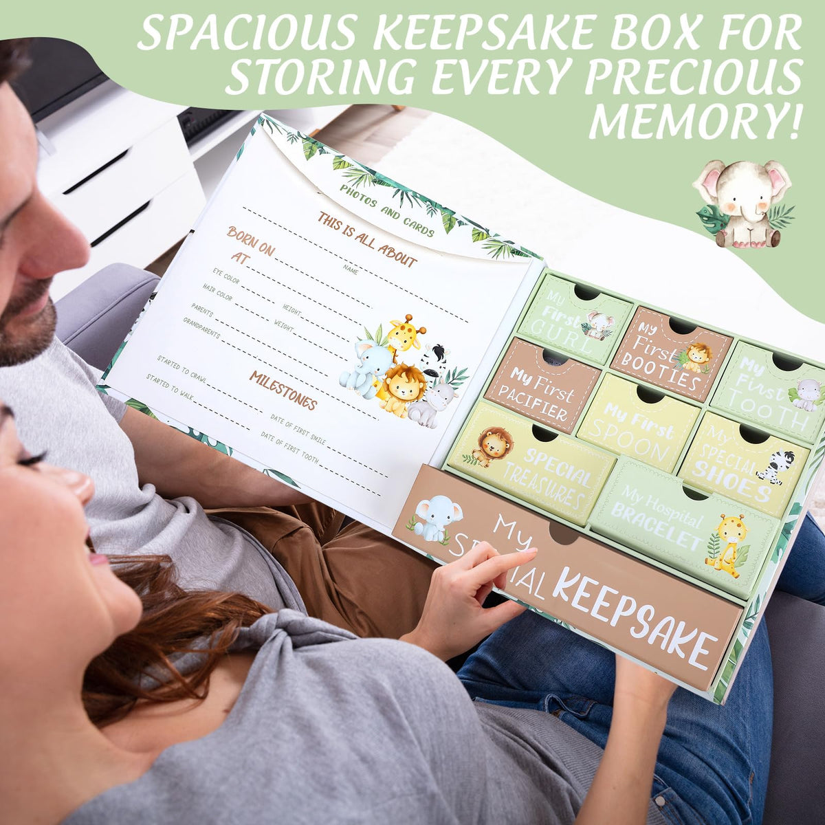 Beeveer Baby Keepsake Box Newborn Memory Organizer with 9 Labeled Compartments First Keepsake Book Gift Box for Pregnancy Mother"s Day Baby Shower New Maternity (Green,Jungle Animal)