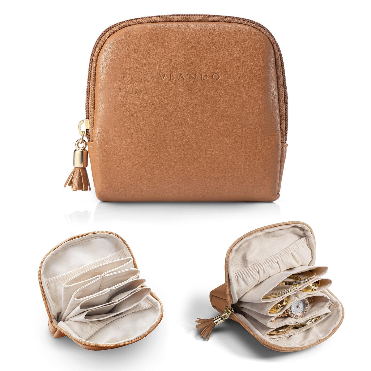 VLANDO Small Travel Jewelry Case,Jewelry Pouch Bags with Zipper,Velvet Jewelry Organizer Storage Bag for Bracelet Rings Earring-Brown
