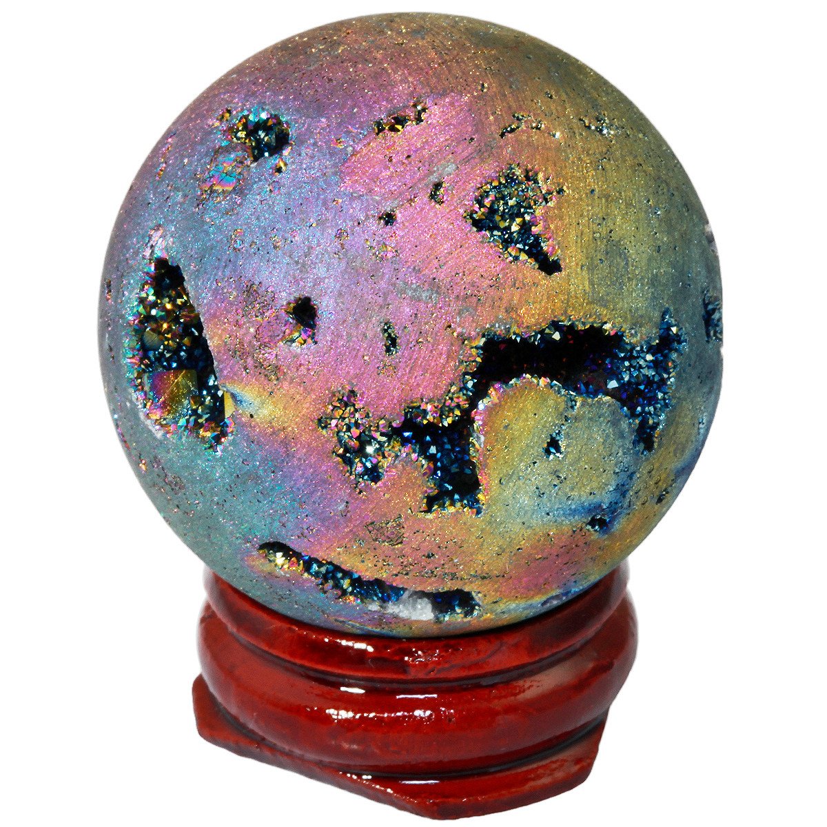 SUNYIK Pack of 2 Rainbow Titanium Coated Druzy Geode Sphere Ball Sculpture & Natural Rose Quartz rystal Ball with Stand