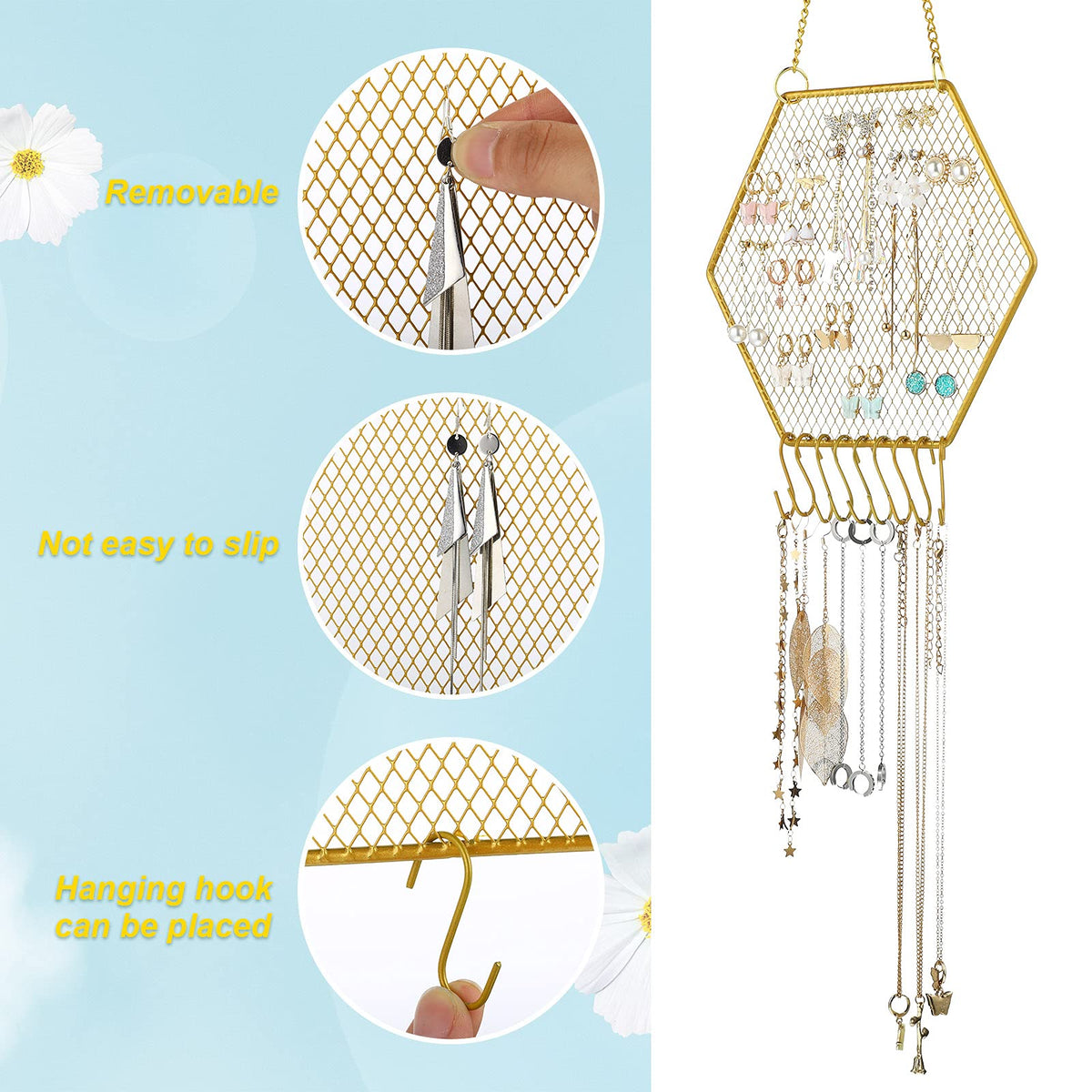 Jetec 2 Pcs Earring Wall Holder Wall Mounted Earring Organizer Hanging Jewelry Stand Decorative Diamond Grid Shape Display Rack with Hooks for Earrings Necklace Bracelet(Gold)