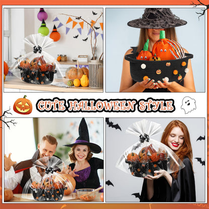 Teenyyou Halloween Gifts Basket Empty, 12" x 8" x 5" Woven Rope Basket with Gift Wrap Bag and Bow Clip for Halloween Party Gift Wrapping Decorations(Black)