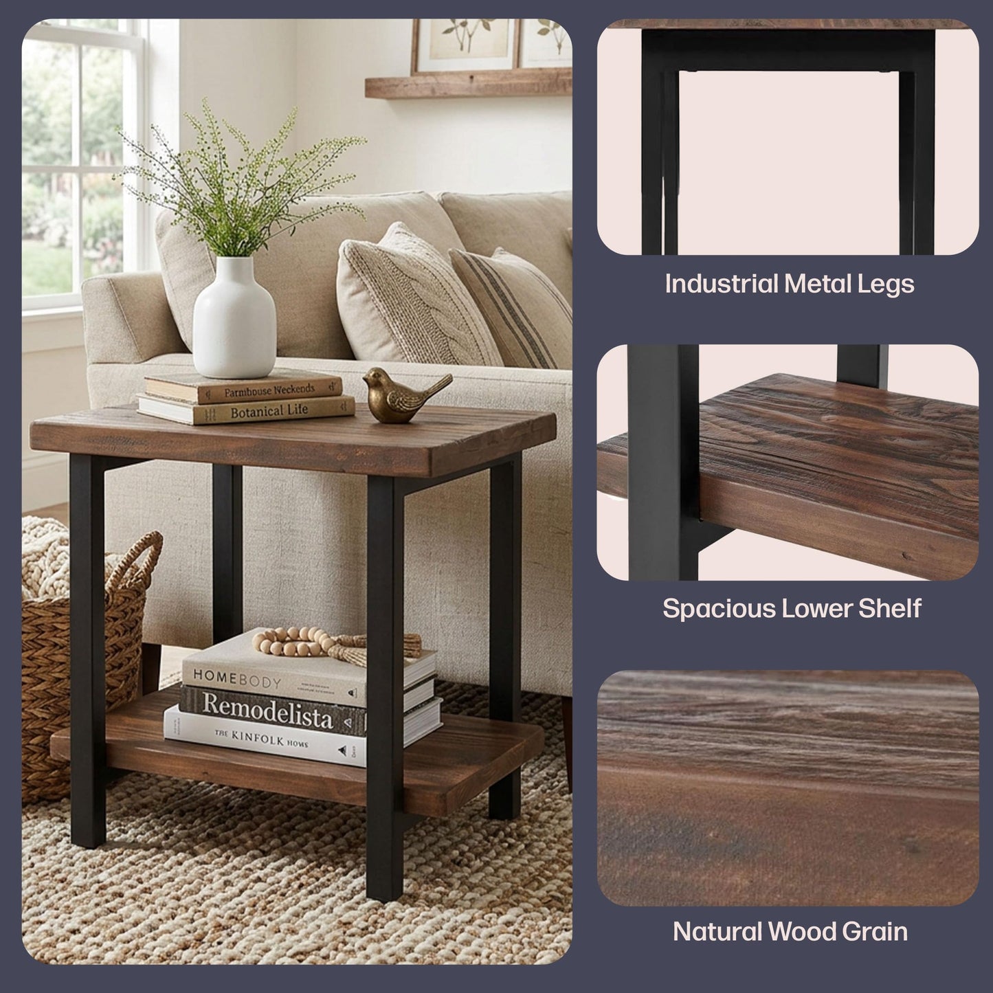 Alaterre Furniture Pomona Living Room 2-Tier Solid Wood End Table with Natural Finish and Metal Legs – Modern Farmhouse Accent or Home Décor (Rustic Brown)