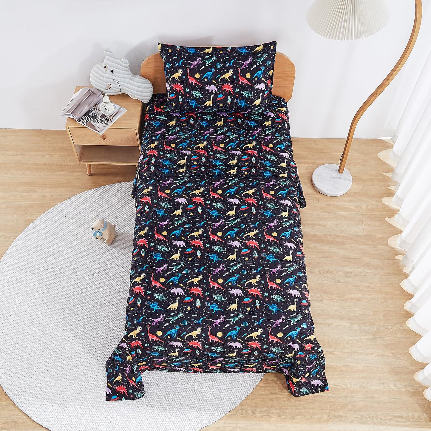 lasoftan Kids Sheet Set Twin Size, Twin Sheet Set with Space Dinosaur Pattern，Breathable Silky Soft Microfiber Kids Fitted Sheet