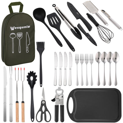 Wesqunie Camping Essentials Cooking Utensils Set - 30Pcs Stainless Steel & Silicone Camp Kitchen Cookware Set, RV Picnic Grill Equipment