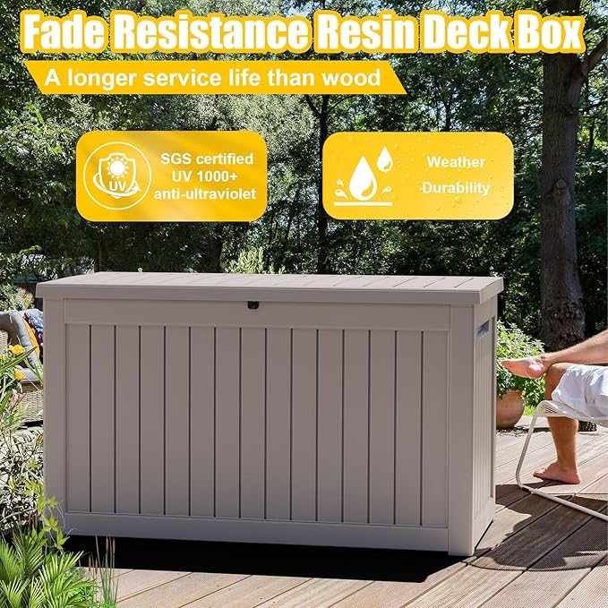 ROJIK Outdoor Storage Housing Deck Box - Waterproof Patio Furniture, Garden Tools, Cushions, Pool Accessories Storage Bench with Lockable Lid and Side Handles (Grey, 275 Gal)