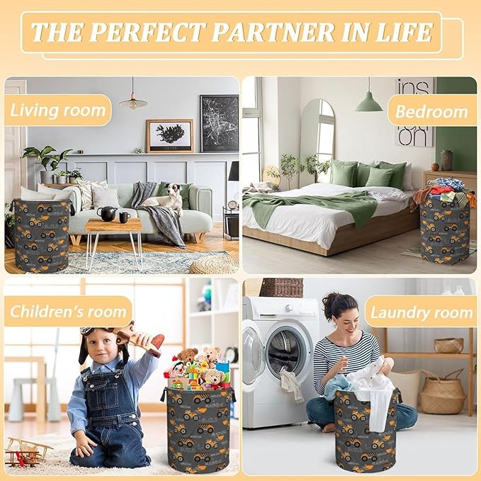 Cute Excavator Engineering Vehicle Laundry Hamper Bag