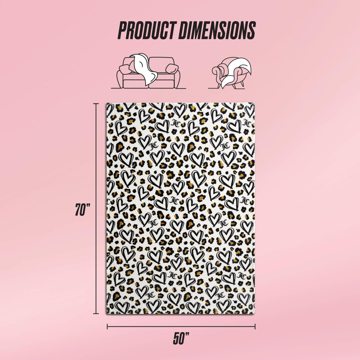Juicy Couture Doodle Cheetah Heart 50" x 70" Plush Throw Blanket, White - Decorative Blankets for Sofas, Throws for Chairs, and Beds