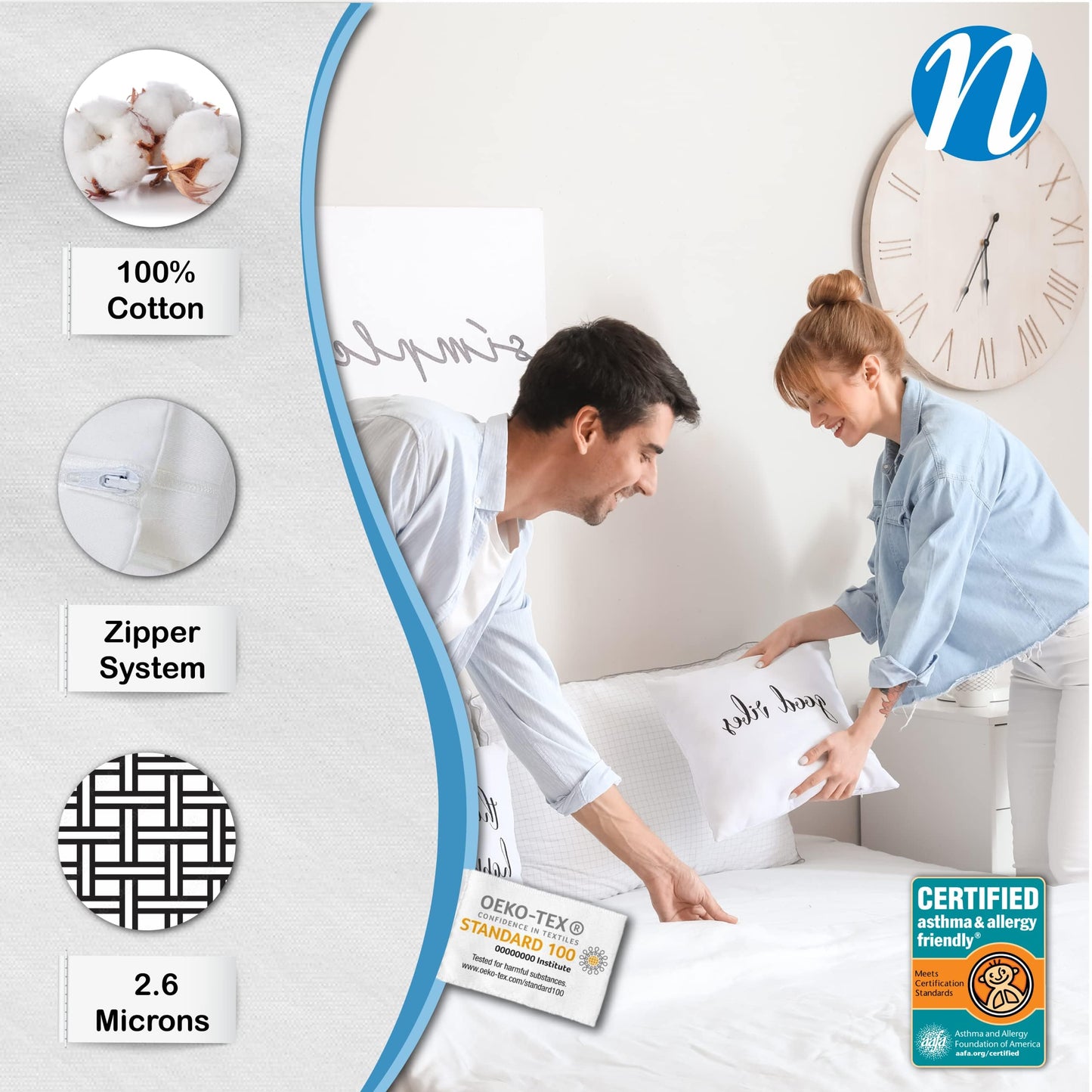National Allergy 100% Cotton Queen Mattress Encasement 60x80x9, Hypoallergenic, Dust Proof Zippered 6-Sided Cover, Breathable, Noiseless Natural Cotton, AAFA Certified
