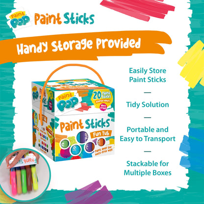 Paint Pop - Paint Sticks For Kids - 20 Pack Assorted Colours & Fun Storage Tub - Twist & Paint, Mess-Free, Fast Drying Action, Easy Clean Up, Vibrant Colours, Multi-Surface