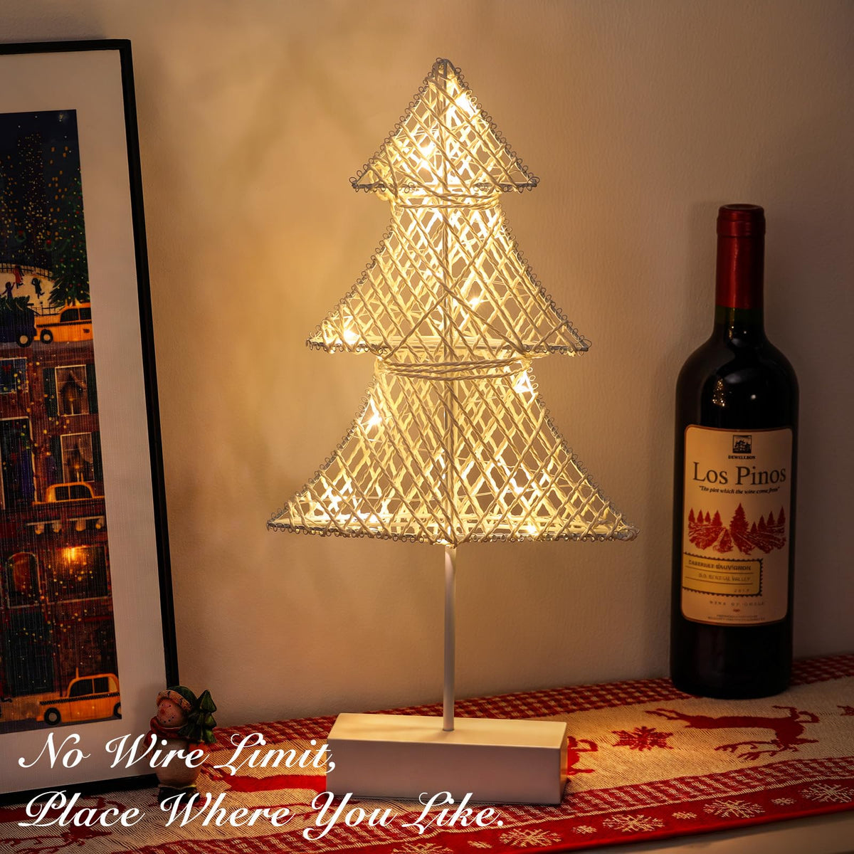 Lewondr Christmas Tree Lamp, Winding Cotton Thread Mini Christmas Tree with Lights, Battery Powered Desktop Christmas Light for Xmas Home Bedside Table Lamp Decorative Tree for Table Top, White
