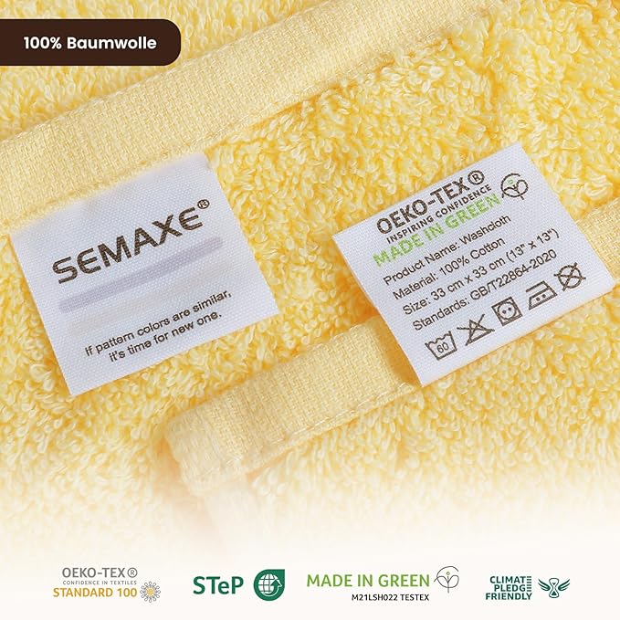 SEMAXE 100% Cotton Washcloths 12-Pack, 13 × 13 Inch Soft Yellow Face Towels –