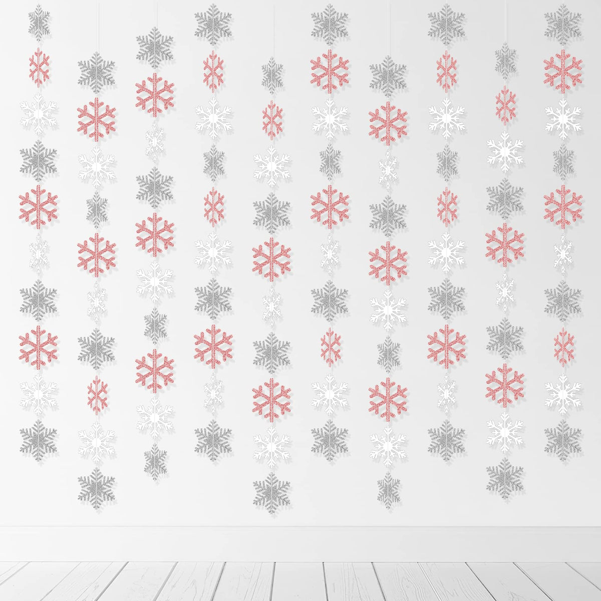 Winter Snowflake Hanging Decorations, Glitter Silver White Rose Gold Snowflakes Christmas Hanging Garland Winter Party Decorations for Winter Wonderland Girls Birthday Christmas Party Decorations