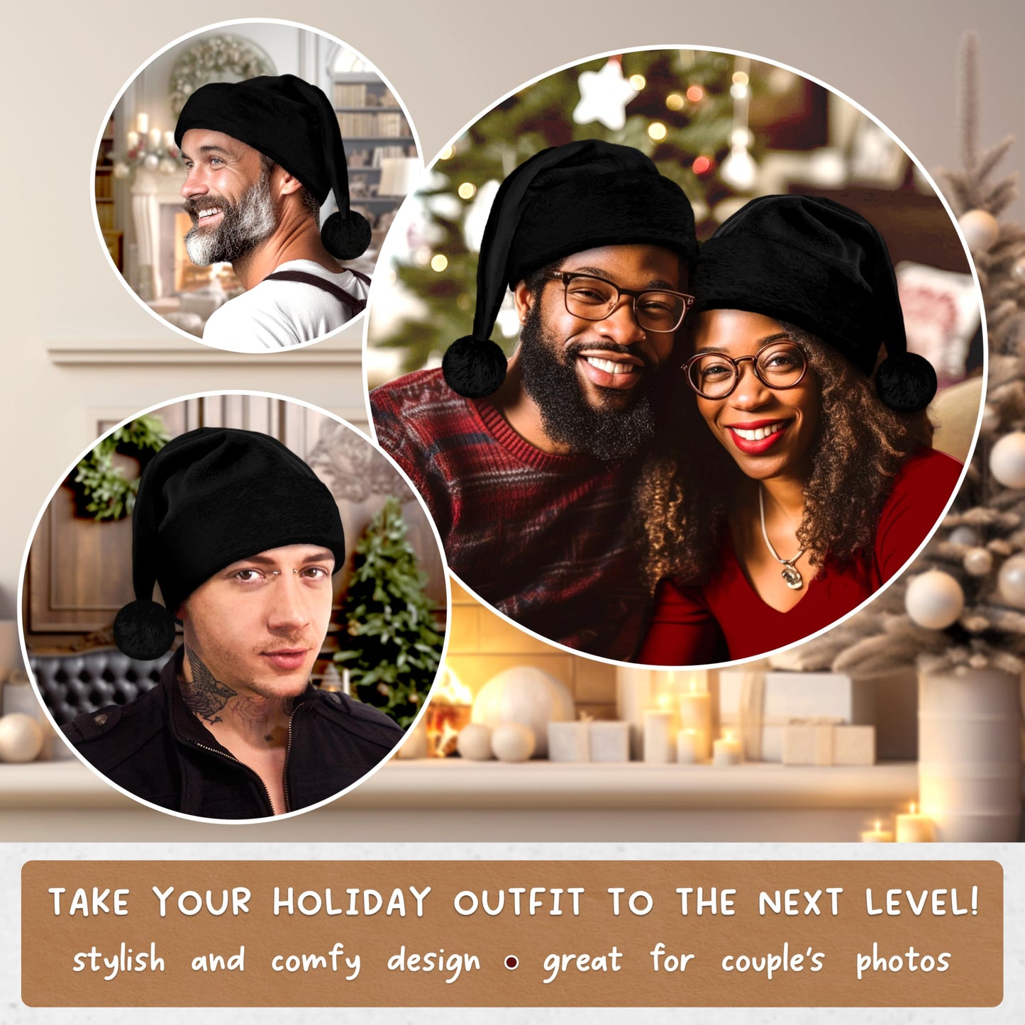 Hexonomy All Black Santa Hat - Black Furry Trim, Faux Fur - Gothic Xmas, Spooky Goth Decor, Delux Christmas Hat - Adult, 1 Size