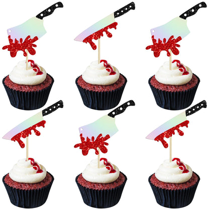 Gyufise 24Pcs Halloween Cupcake Toppers Glitter Horror Blood Knife Cupcake Picks Killer Birthday Cake Decorations for Halloween Blood Knife Theme Birthday Party Supplies