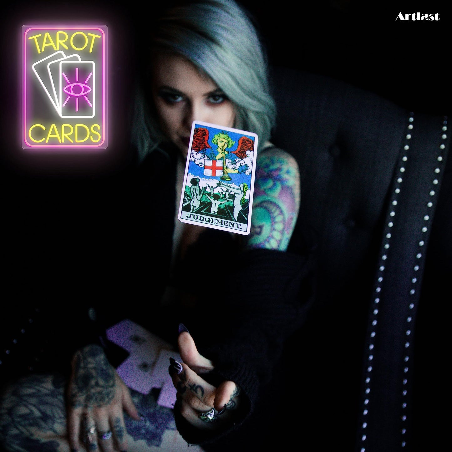 Artlast Tarot Cards Neon Sign, Pink LED Light for Room Wall Decor, Dimmable Switch, Acrylic Material, 10.24x14.88 inches, Indoor Neon Signage
